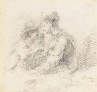 Giuseppe Bernardino Bison - Two lovers (recto); A subsidiary study of a girl\'s head (verso) with inscription \'Bisson\'