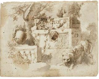 Giuseppe Bernardino Bison - Un lion devant un sarcophage antique et une amphore