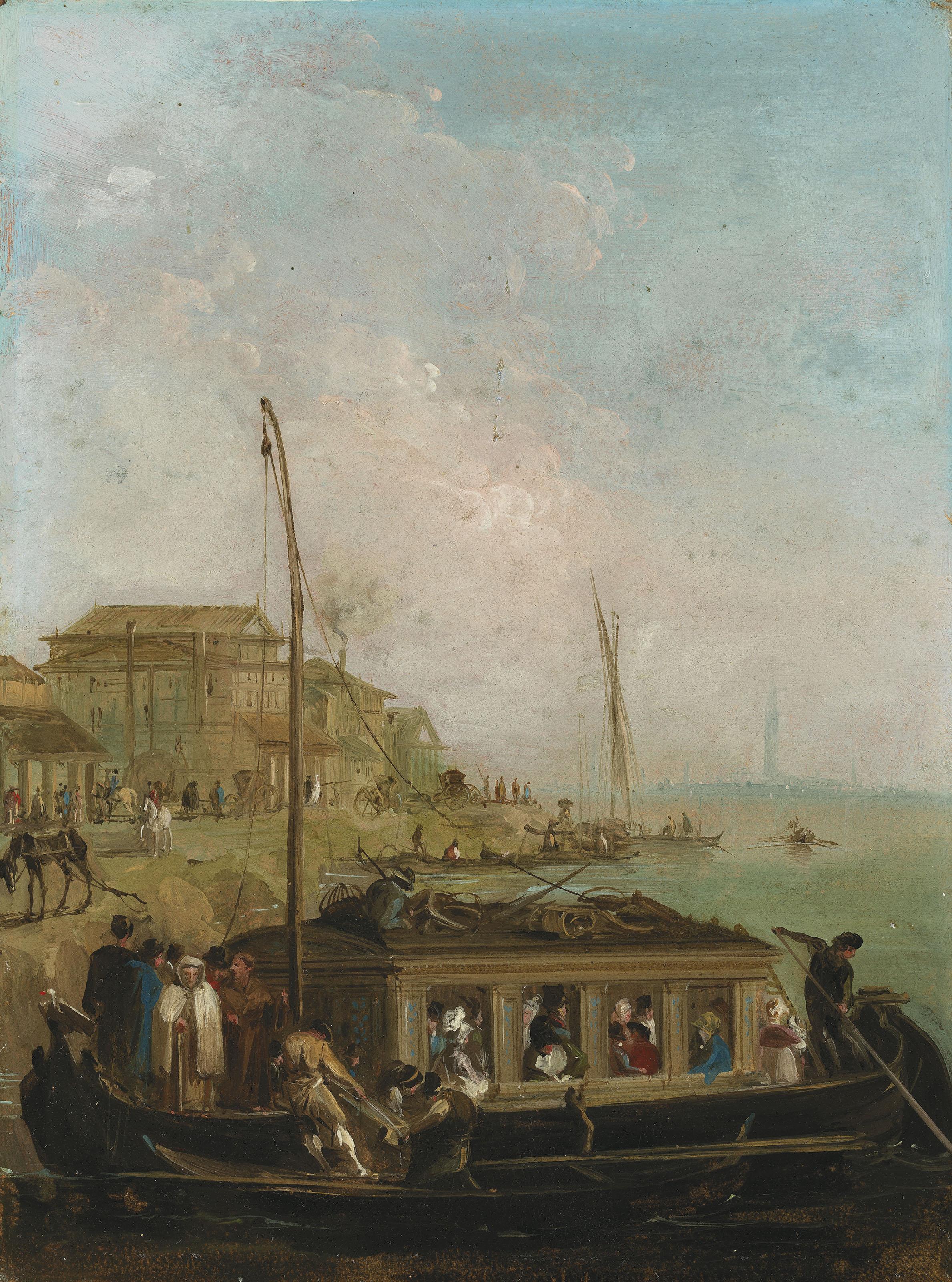 Giuseppe Bernardino Bison - Venice, with figures arriving on a boat