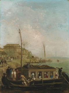 Giuseppe Bernardino Bison - Venice, with figures arriving on a boat