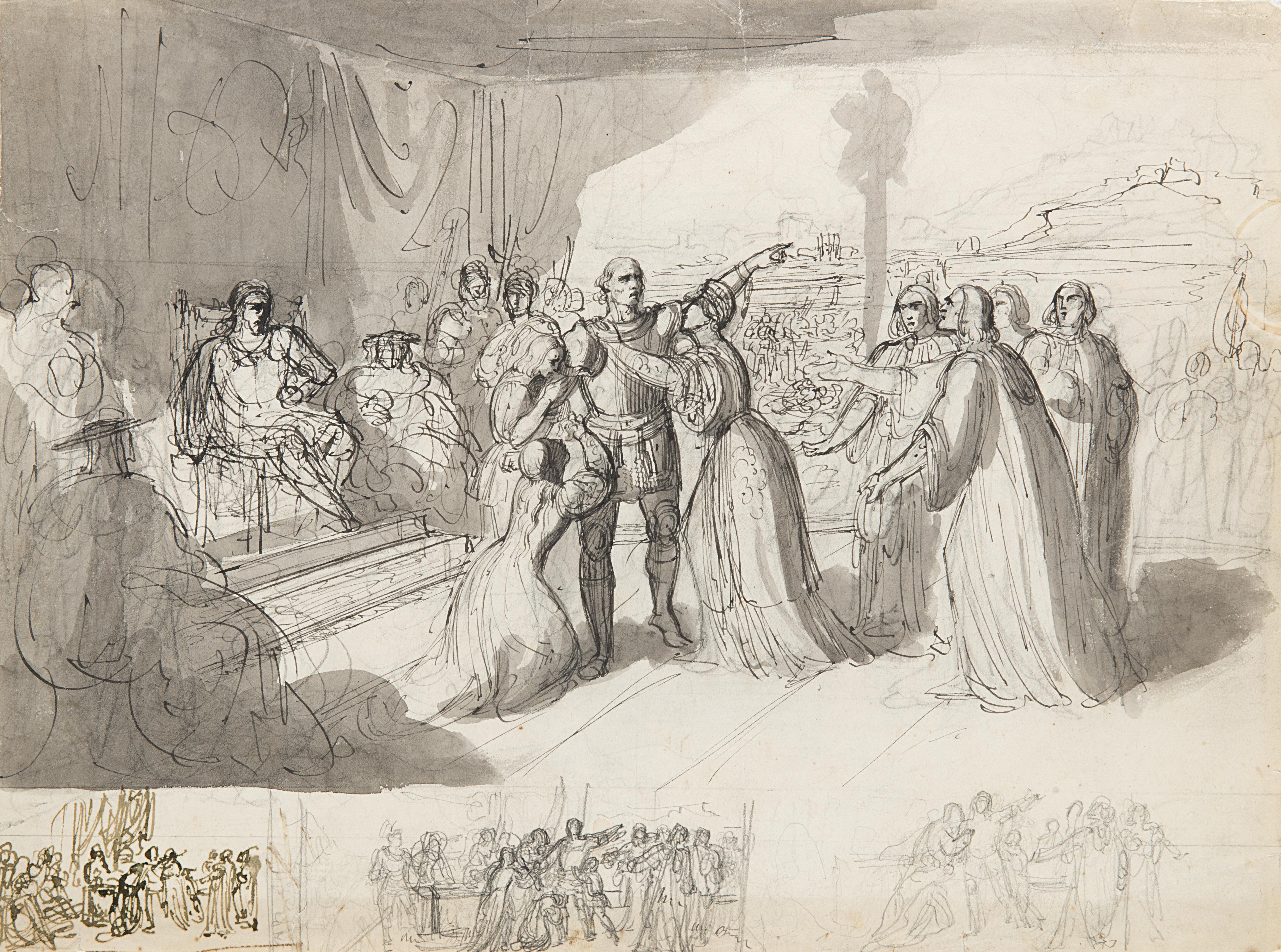 Giuseppe Bezzuoli - Scena storica (recto); Studi a matita (verso)