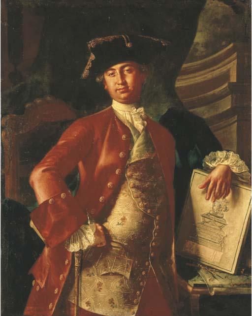Giuseppe Bonito - Portrait of a gentleman, three-quarter-length, in a red coat and embroidered waistcoat, holding a project for a monument