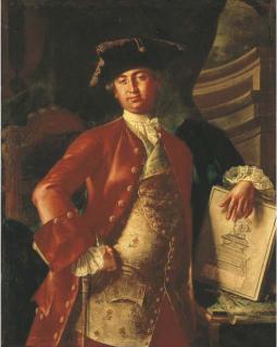 Giuseppe Bonito - Portrait of a gentleman, three-quarter-length, in a red coat and embroidered waistcoat, holding a project for a monument