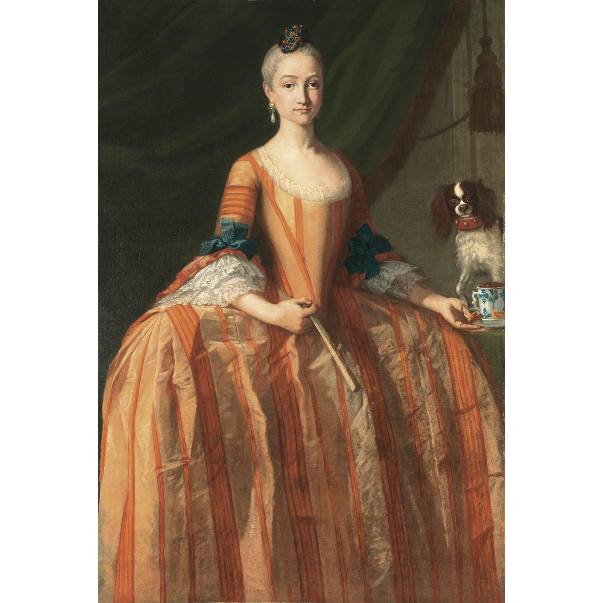 Giuseppe Bonito - Portrait Of The Infanta Maria Josefa De Borbón (1744-1801), Full Length, Holding A Cup Of Chocolate, A Dog On The Table Beside Her
