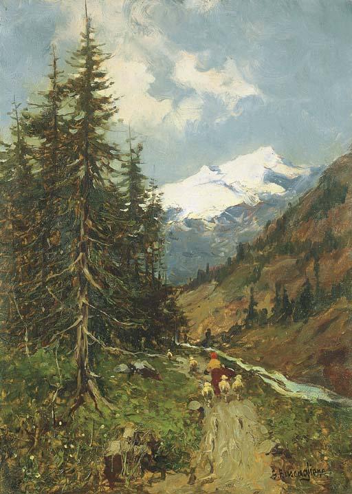 Giuseppe Buscaglione - - Paesaggio montano - Paesaggio montano con pastorella lungo la via