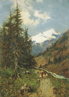 Giuseppe Buscaglione - - Paesaggio montano - Paesaggio montano con pastorella lungo la via