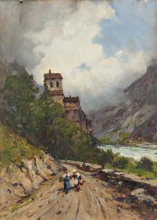 Giuseppe Buscaglione - River Landscape with Peasants