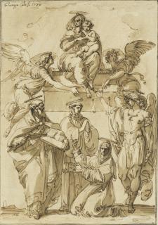 Giuseppe Cades - The Virgin and Child seated on a plinth supported by angels, Saint Michael and other saints below