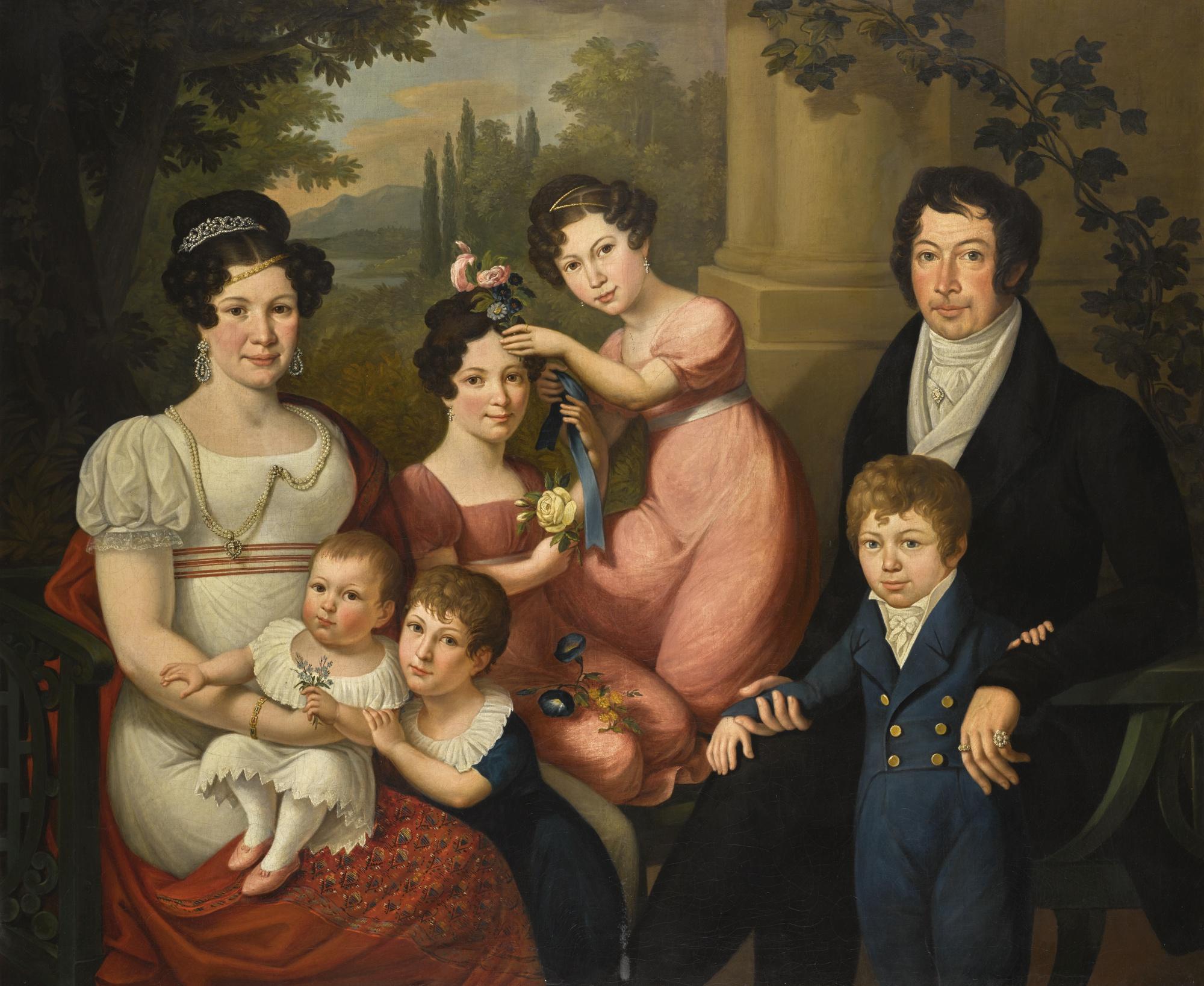 Giuseppe Cammarano - Family Portrait, Believed To Be The Borbone-Spagna Family: Maria Isabella (1789-1884) With Her Husband Francis I Of The Two Sicilies (1777-1830), With Their Children, A Landscape Beyond