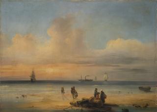 Giuseppe Canella - Veduta di una spiaggia con battello a vapore