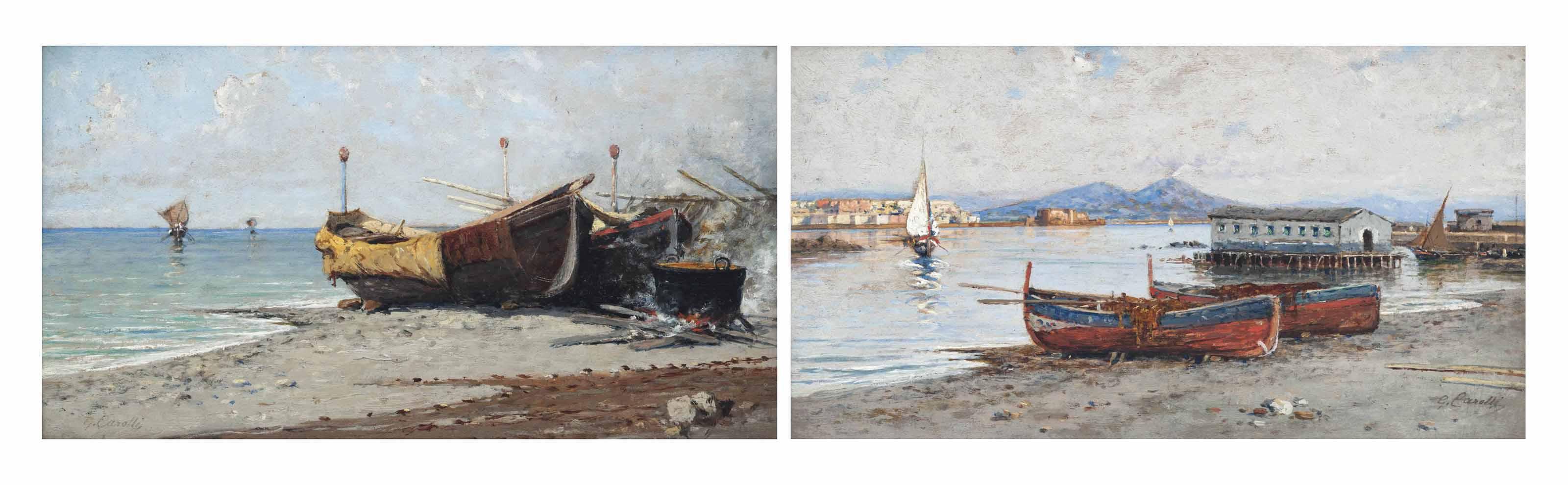 Giuseppe Carelli - A boat in the bay of Naples, Vesuvius beyond; and Fishing boats on a shore, Naples