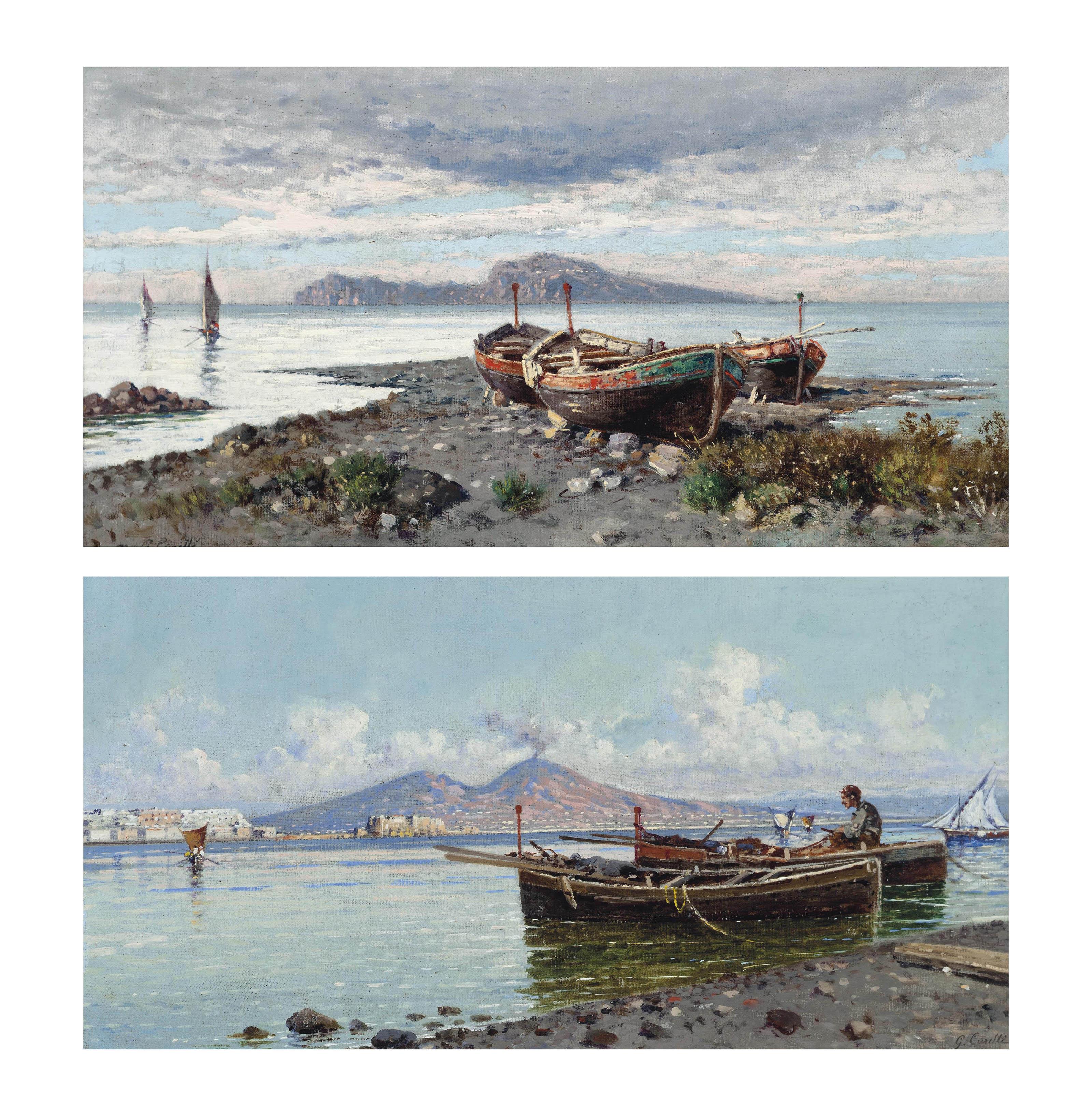Giuseppe Carelli - A Fisherman Tending To His Nets On The Bay Of Naples, Vesuvius Beyond; And Boats On The Shore, Capri Beyond