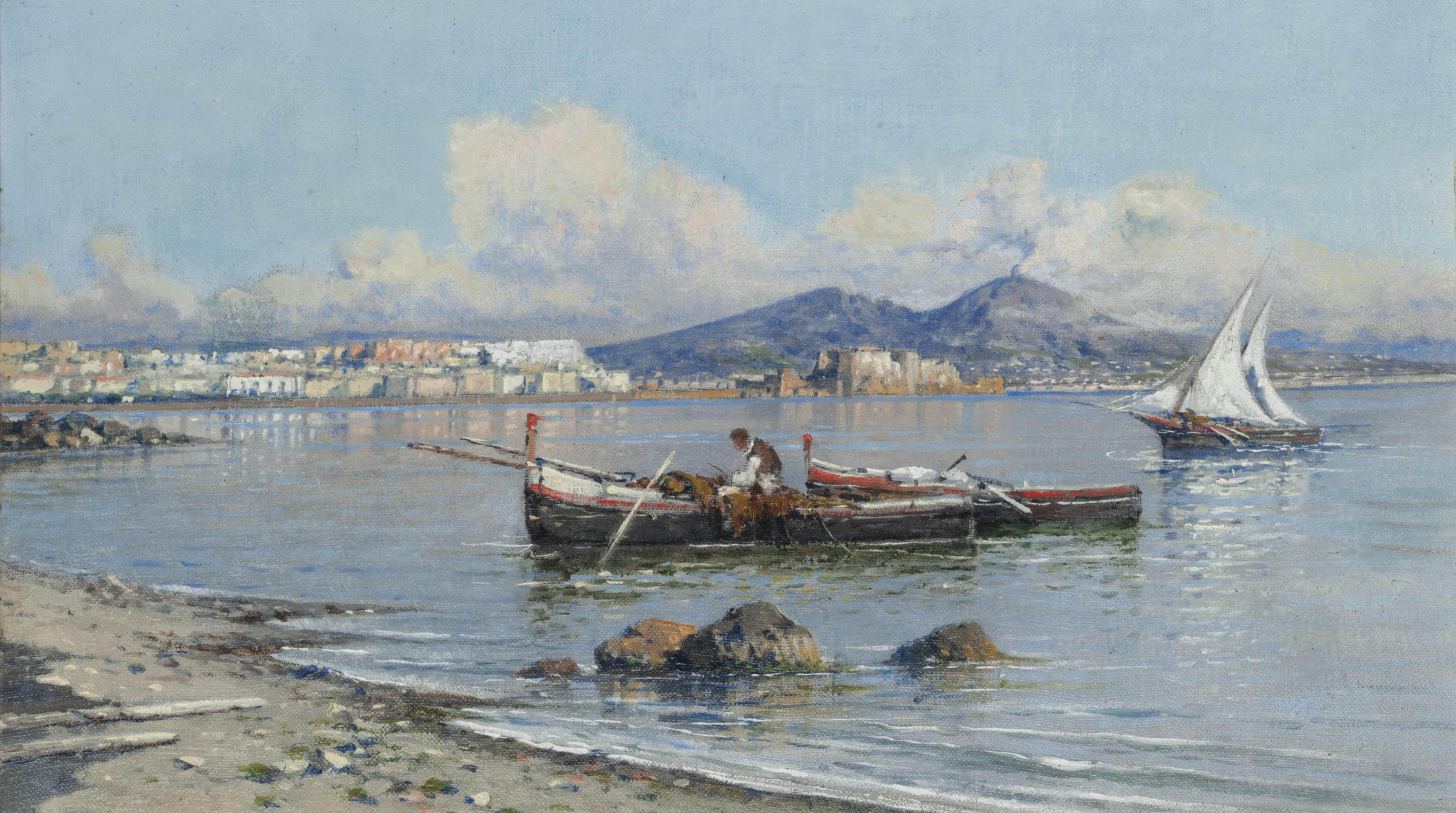 Giuseppe Carelli - A Fisherman Tending To His Nets On The Bay Of Naples, Vesuvius Beyond
