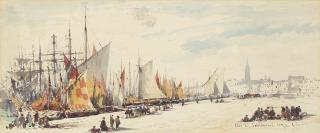 Giuseppe Carelli - Bragozzi and other shipping moored up on the Riva dei Setriavorni (illustrated); and Bustling activity on the water, Venice