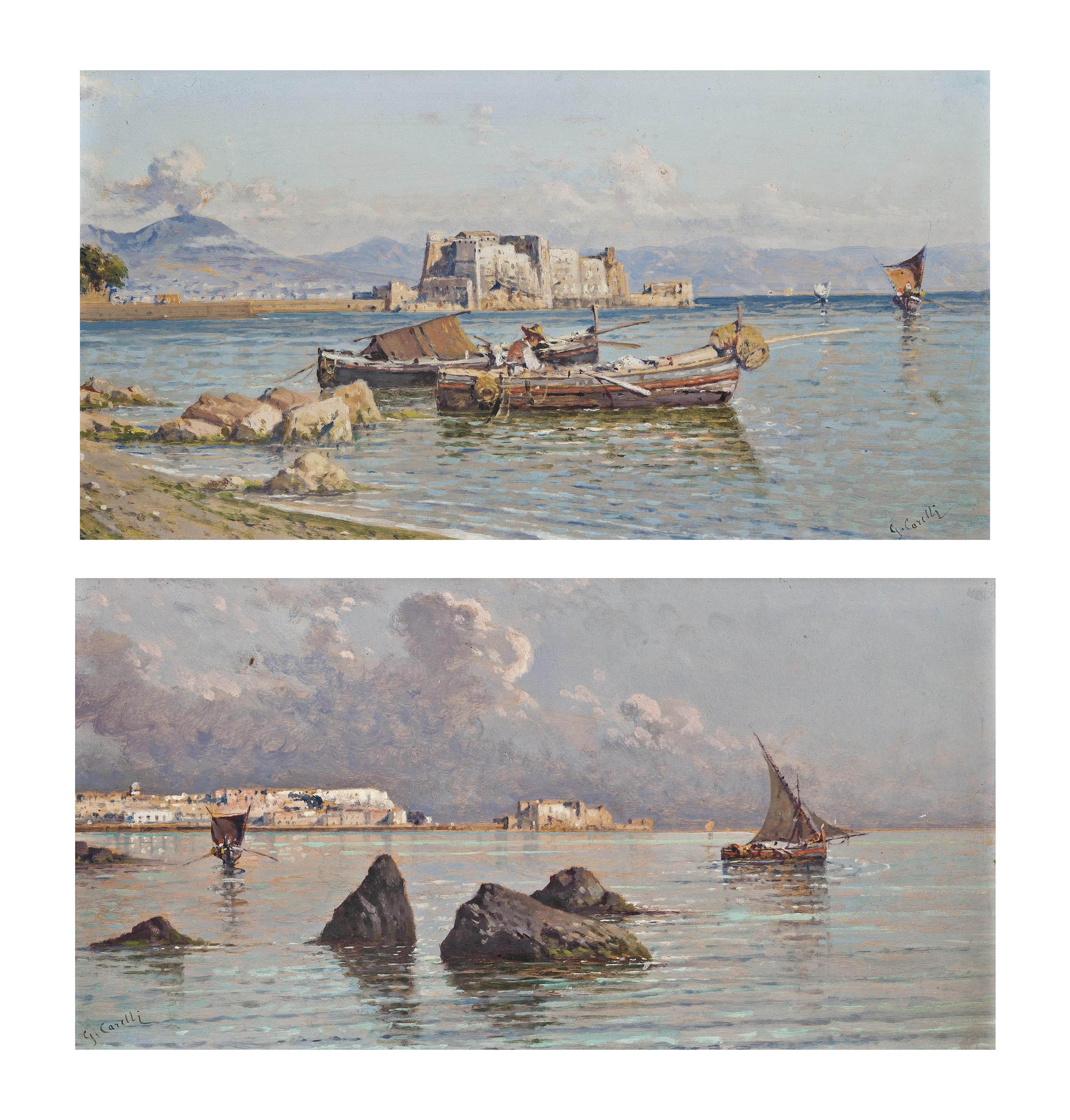 Giuseppe Carelli - Fishermen before the Castel dell\'Ovo; and On the Bay of Naples, Vesuvius beyond