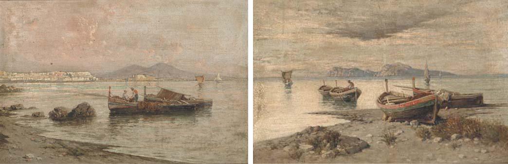 Giuseppe Carelli - Fishermen In The Bay of Naples; And Bringing In The Catch, Capri