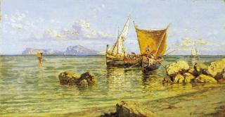 Giuseppe Carelli - Pescatori a riva con Capri sullo sfondo