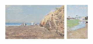 Giuseppe Casciaro - Figures Taking A Stroll On The Beach; And Figures Near A Pool