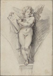Giuseppe Cesari - A Standing Putto in a Drawn Spandrel Holding a Tablet, his Head turned to the Right