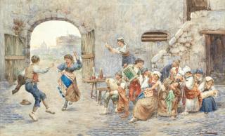 Giuseppe Cherubini - An Afternoon Party Overlooking The Castel Sant\'Angelo