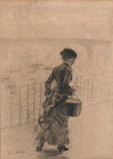 Giuseppe de Nittis - Jeune femme, tenant un carton à chapeau et un parapluie, marchant sur un quai, un pont à l\'arrière-plan