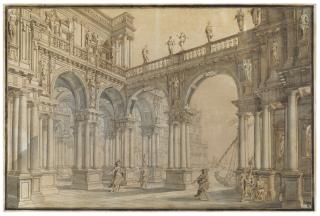 Giuseppe Galli Bibiena - A set design of a palace courtyard with a harbor in the background