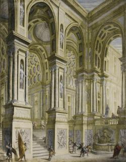 Giuseppe Galli Bibiena - The Portico And Staircase Of A Palace With Soldiers And A Woman Being Carried Off On Horseback; An Imaginary View Of A Palace With A Horseman And Angels