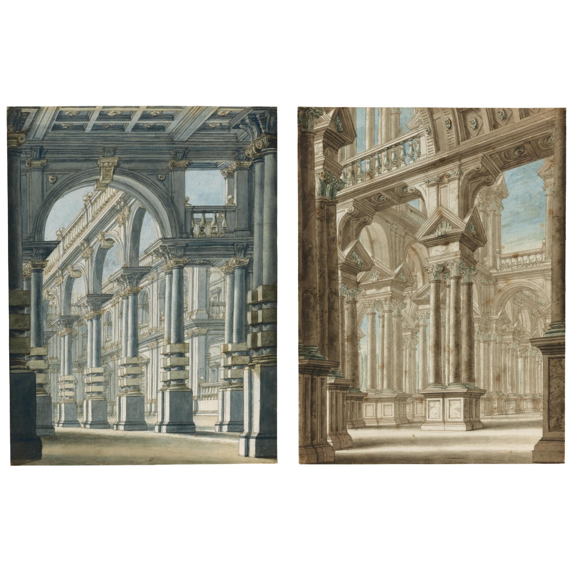 Giuseppe Galli Bibiena - Two Stage Designs With Colonnades