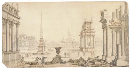 Giuseppe Galli Bibiena - Une fantaisie de monuments classiques avec des personnages: Projet de théâtre