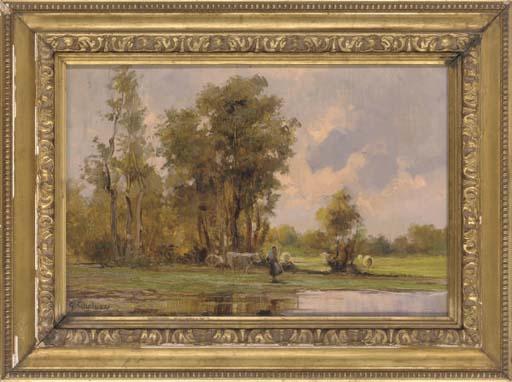 Giuseppe Gheduzzi - Cattle and a herder by a pond, a summer\'s evening