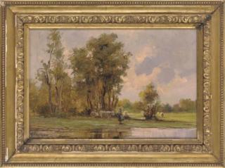 Giuseppe Gheduzzi - Cattle and a herder by a pond, a summer\'s evening