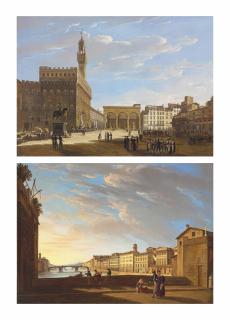 Giuseppe Gherardi - Florence: The Piazza Della Signoria With The Palazzo Vecchio, The Uffizi, And The Loggia Dei Lanzi; And Florence: The Arno, Looking West From The Ponte Vecchio