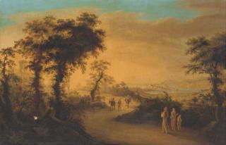 Giuseppe Gherardi - Travellers on a Tuscan road, Elba in the distance