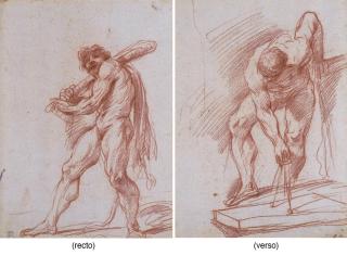 Giuseppe Maria Crespi - Hercules holding a club (recto); A nude tracing a circle with a compass (verso)