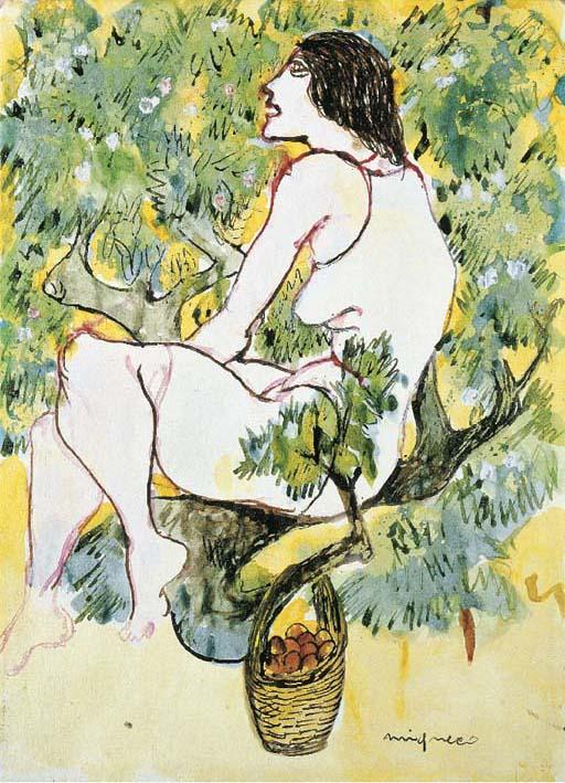 Giuseppe Migneco - Lotto di due opere:  a) La limonaia    firmato in basso a destra Migneco    acquarello e china su carta applicata su tela    cm 30x21    Autentica dell\'artista su fotografia     PROVENIENZA:    Galleria Cafiso, Milano  b) Figura maschile    firmato e