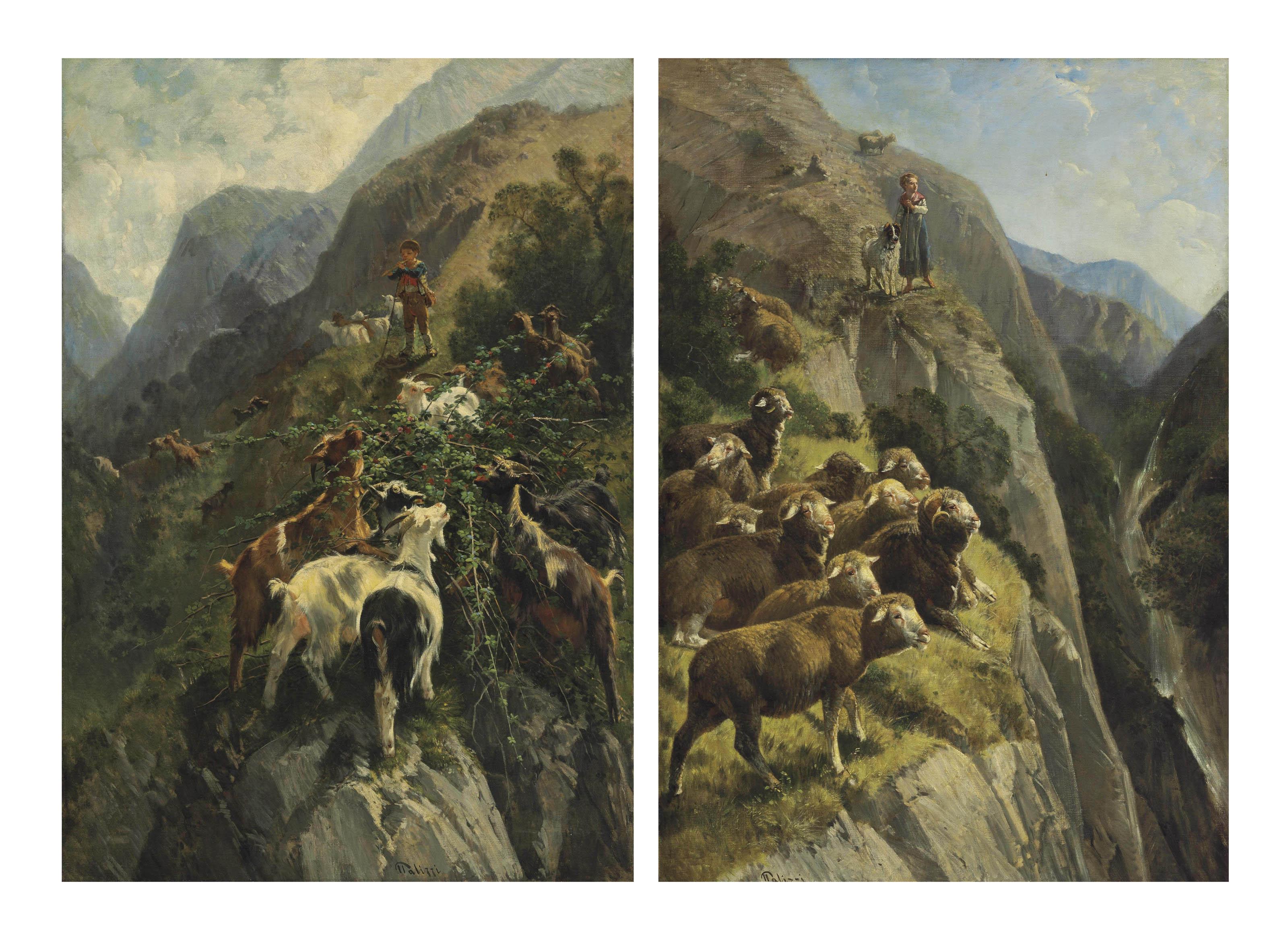 Giuseppe Palizzi - A Shepherdess with her Flock in the Mountains; and A Shepherd with his Goats in the Mountains