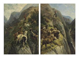 Giuseppe Palizzi - A Shepherdess with her Flock in the Mountains; and A Shepherd with his Goats in the Mountains