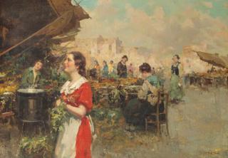 Giuseppe Pitto - A flower market in an Italian city
