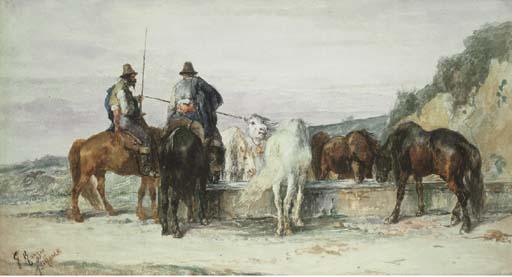 Giuseppe Raggio - Cavalli all\'abbeverata, 1873