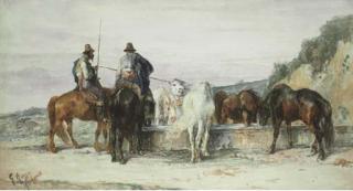 Giuseppe Raggio - Cavalli all\'abbeverata, 1873