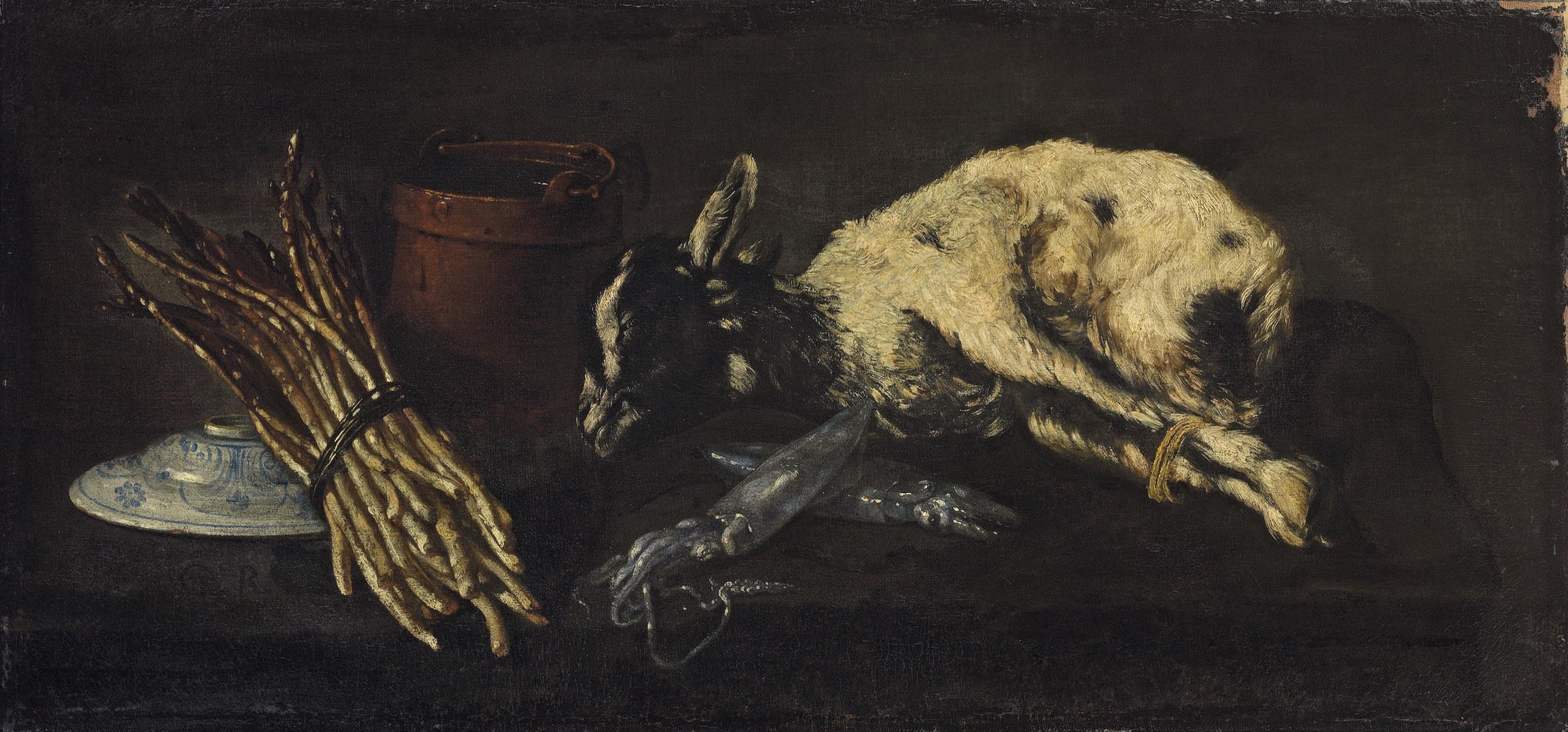 Giuseppe Recco - A Bunch of Asparagus, A Porcelain Bowl, A Copper Urn, Squid And A Kid Goat On A Table