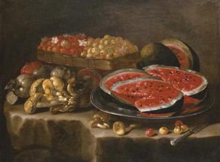 Giuseppe Recco - A still life of watermelon on a silver charger, berries in a basket, and a pomegranate, quinces and mushrooms on a stone ledge