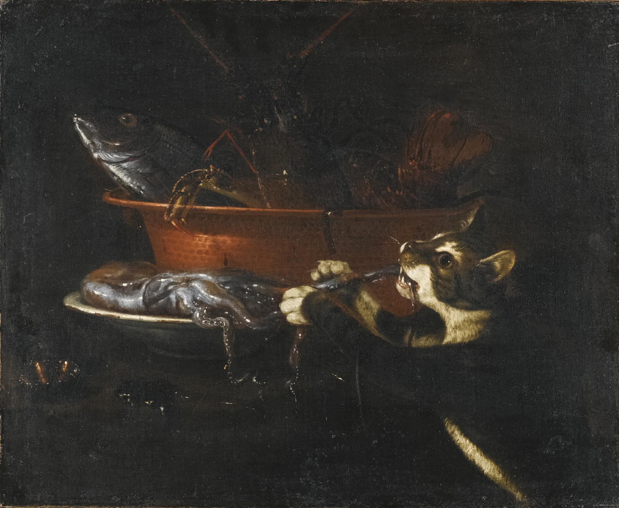 Giuseppe Recco - A Still Life With Seafood In A Copper Pan, A Cat Pinching A Squid From A Plate