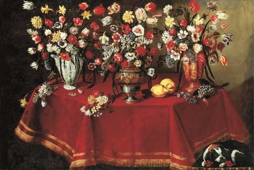 Giuseppe Recco - Arrangements of flower bouquets in a majolica vase, a sculpted pewter and bronze urn and a ceramic ewer on a draped octagonal table with two lemons and other flowers, with a pug resting below