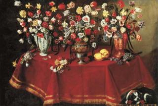 Giuseppe Recco - Arrangements of flower bouquets in a majolica vase, a sculpted pewter and bronze urn and a ceramic ewer on a draped octagonal table with two lemons and other flowers, with a pug resting below
