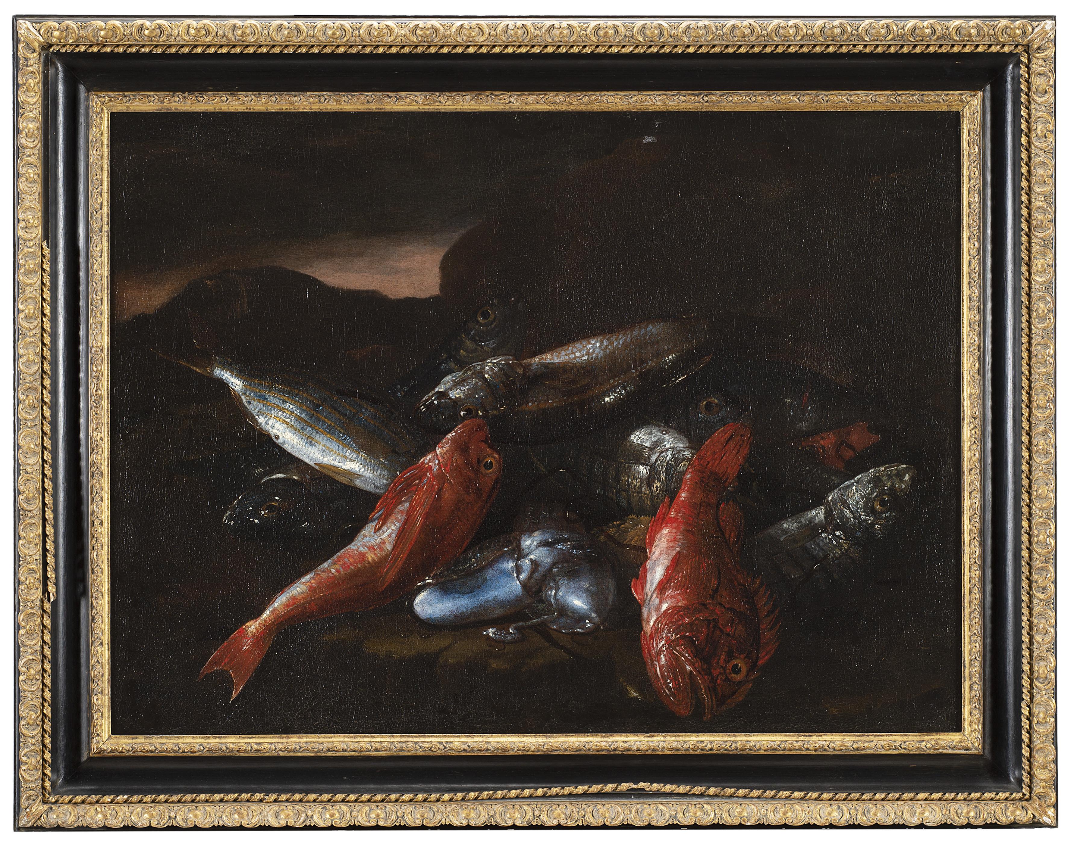 Giuseppe Recco - Composizione con pesci e seppia su un paesaggio di roccia all\'aperto