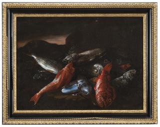 Giuseppe Recco - Composizione con pesci e seppia su un paesaggio di roccia all\'aperto