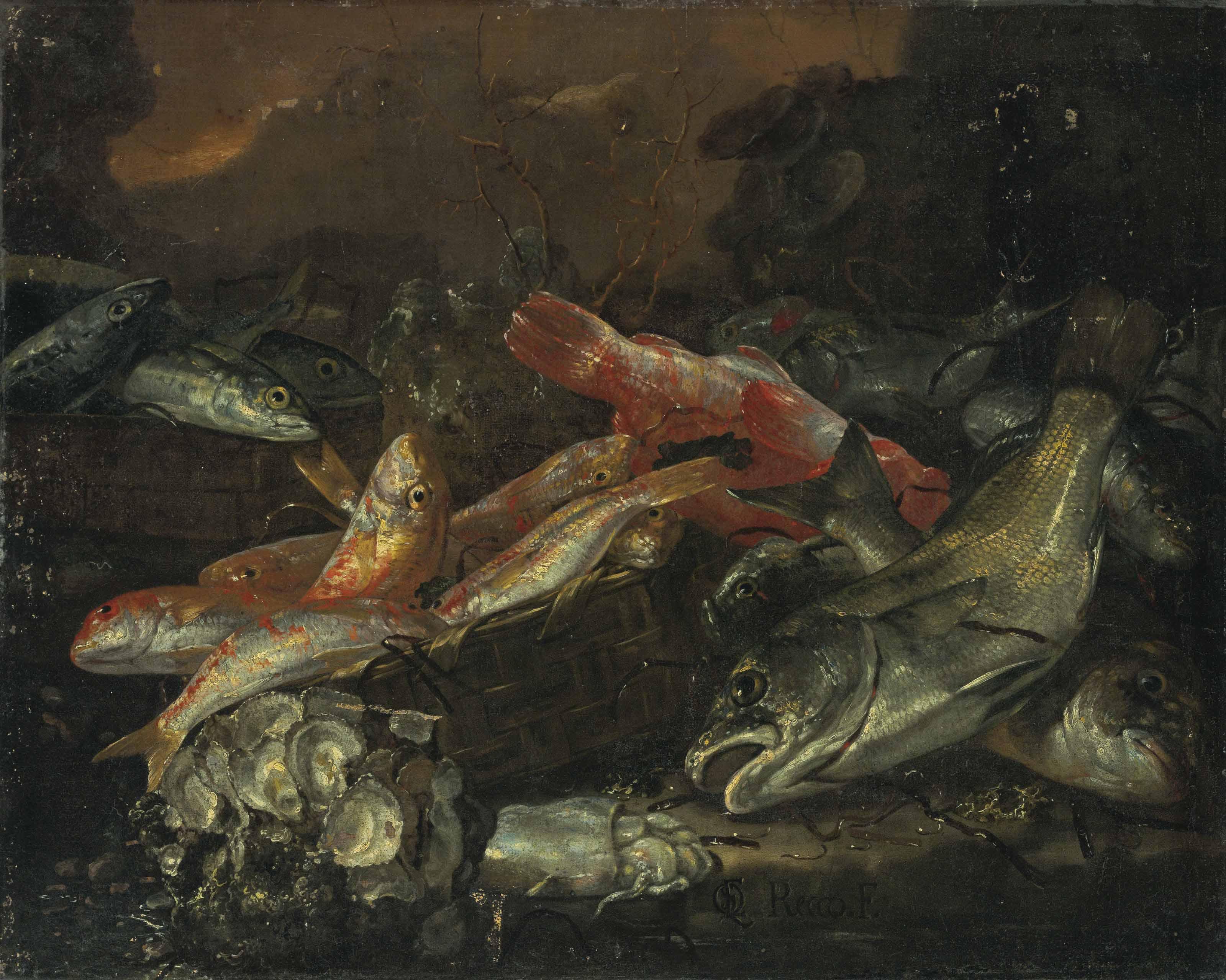 Giuseppe Recco - Fish and oysters on a wooden table, a landscape beyond