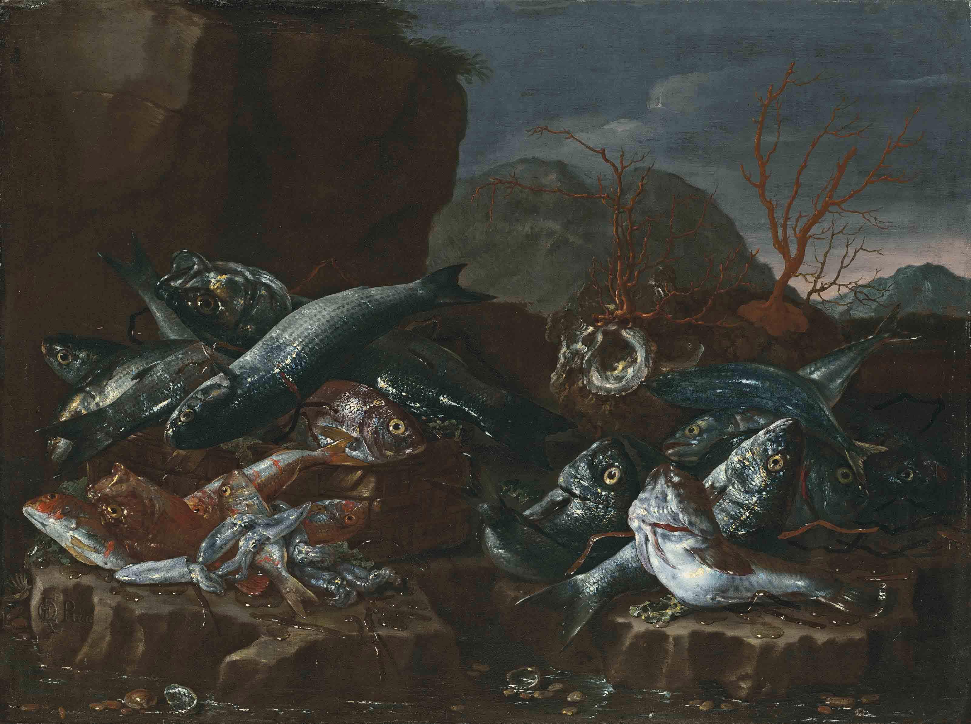 Giuseppe Recco - Fish, shells and coral on a rocky shore