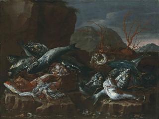 Giuseppe Recco - Fish, shells and coral on a rocky shore